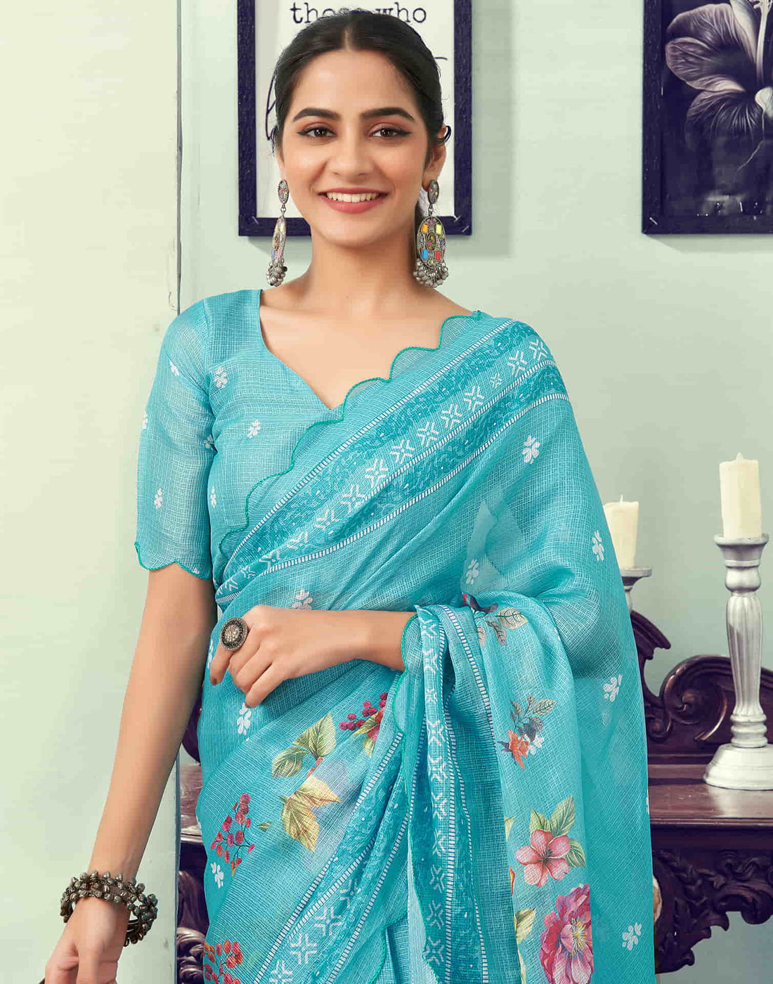 Ready To Wear Turquoise Printed Satin Saree