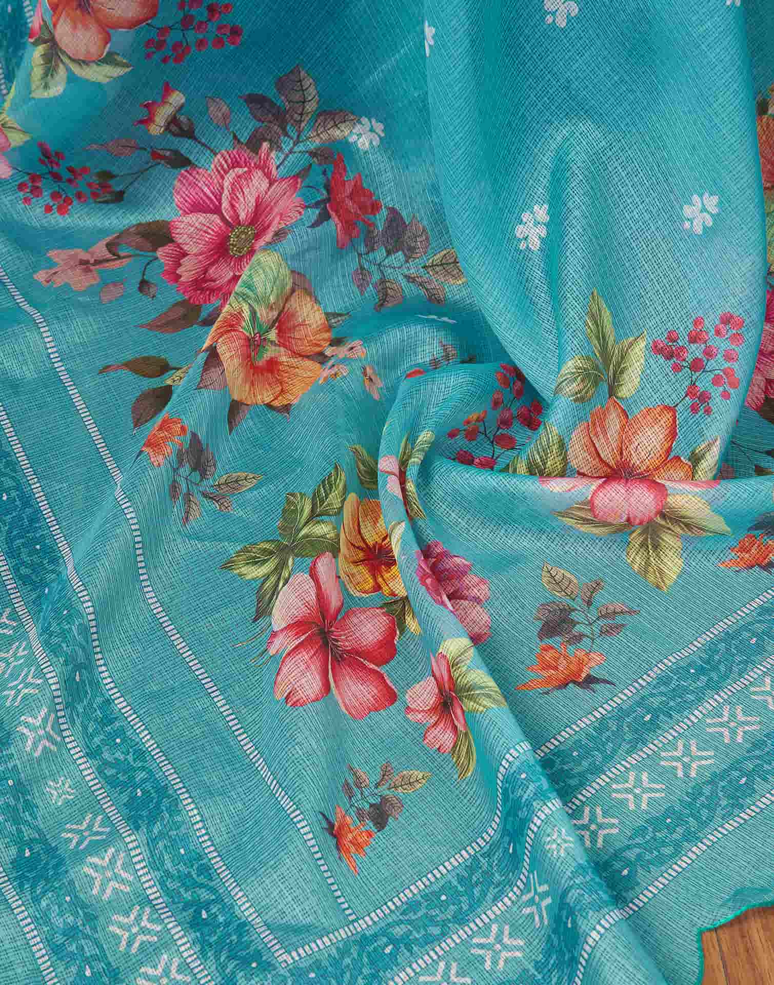 Ready To Wear Turquoise Printed Satin Saree