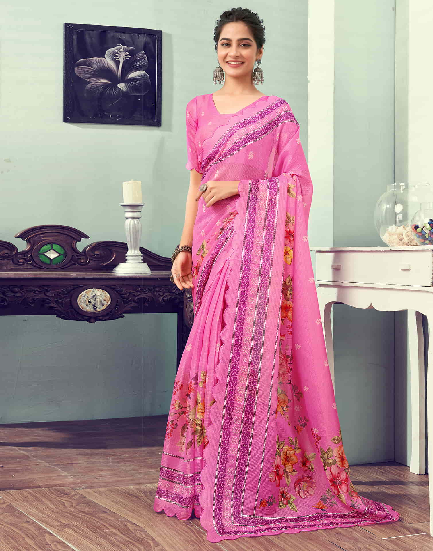 Ready To Wear Pink Printed Woven Saree