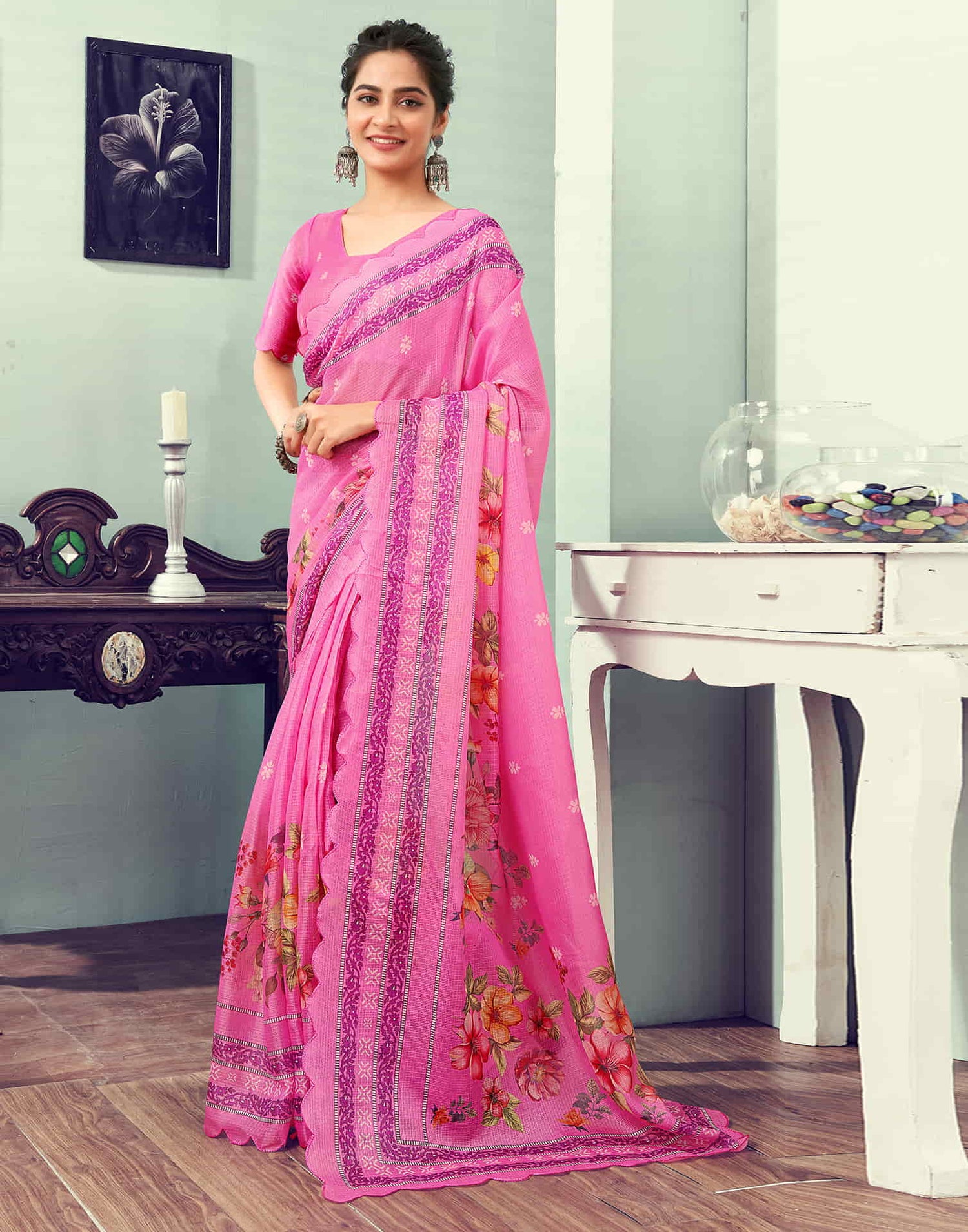 Ready To Wear Pink Printed Woven Saree