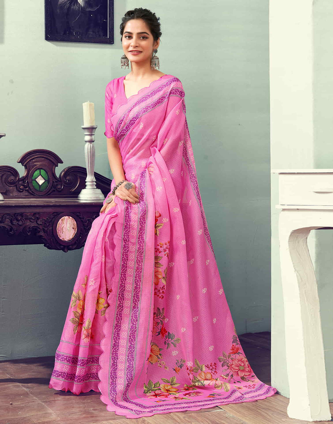 Ready To Wear Pink Printed Woven Saree