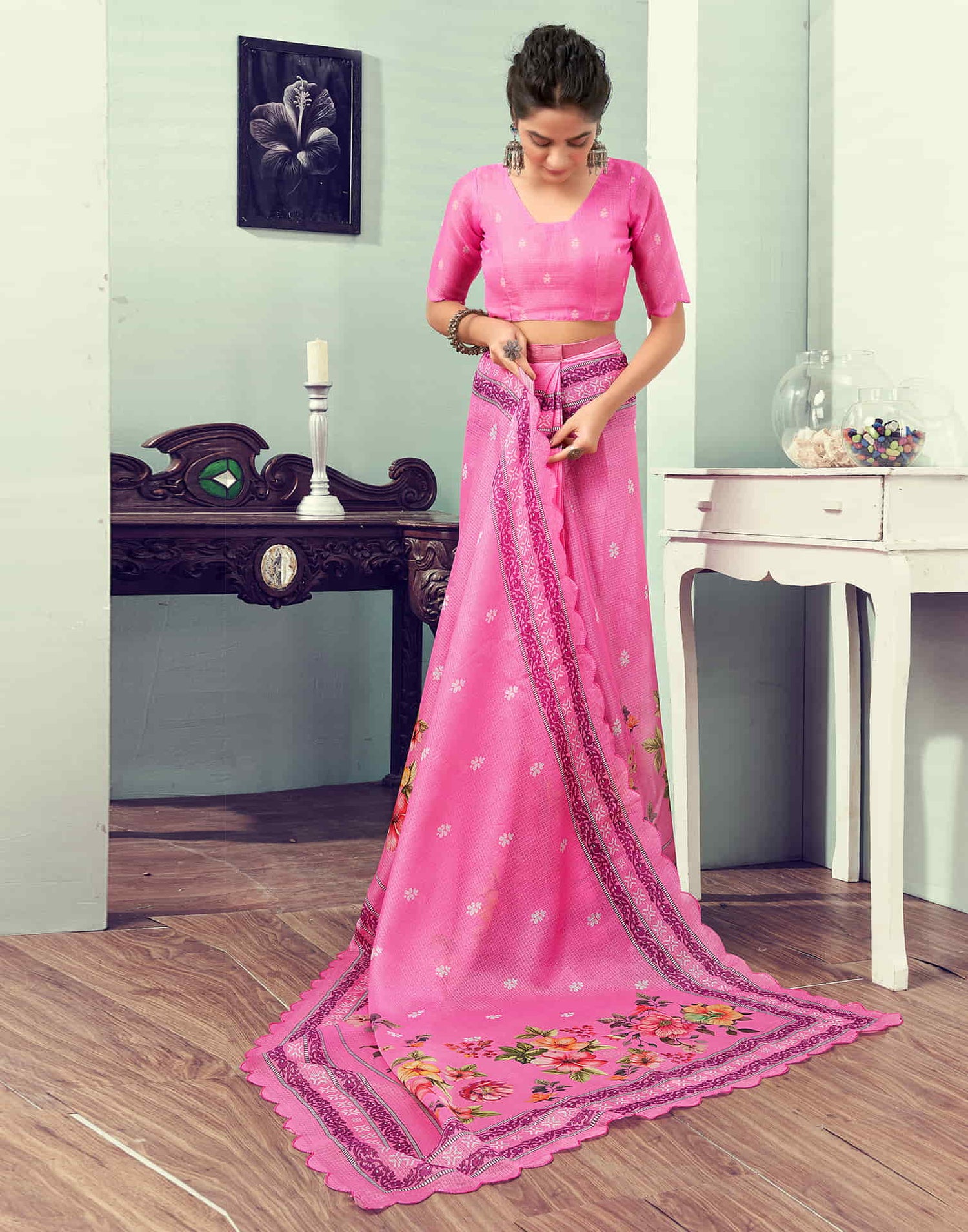 Ready To Wear Pink Printed Woven Saree