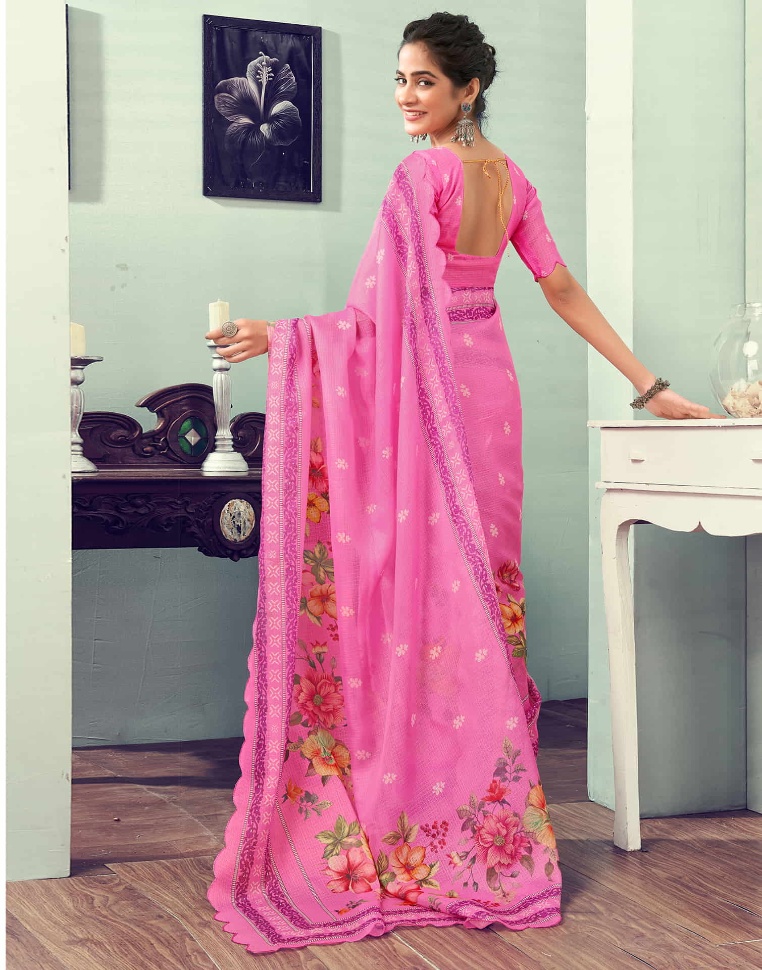 Ready To Wear Pink Printed Woven Saree