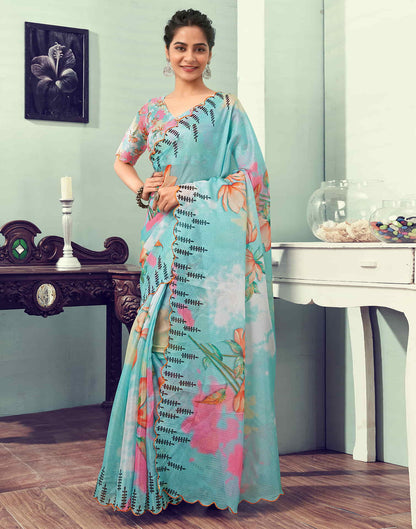 Ready To Wear Light Turquoise Printed Woven Saree