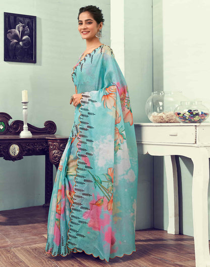 Ready To Wear Light Turquoise Printed Woven Saree