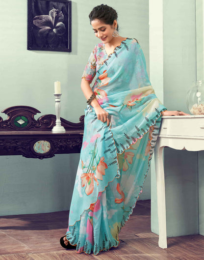 Ready To Wear Light Turquoise Printed Woven Saree