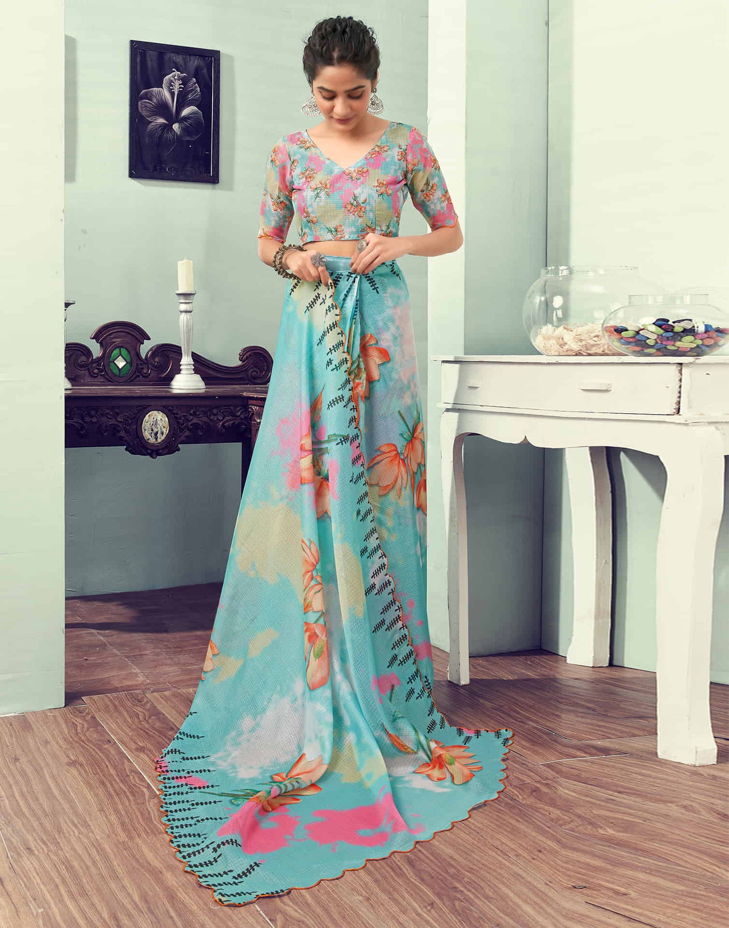 Ready To Wear Light Turquoise Printed Woven Saree