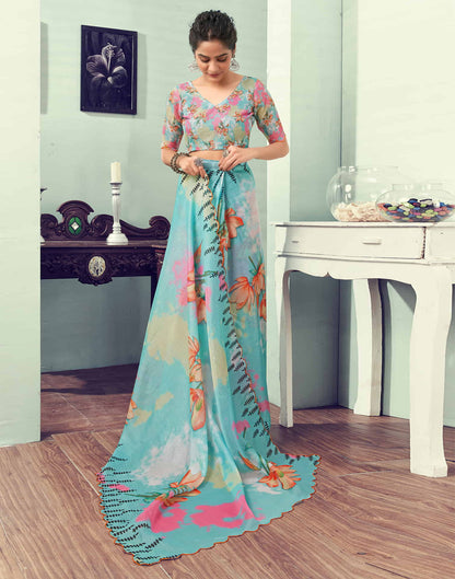 Ready To Wear Light Turquoise Printed Woven Saree