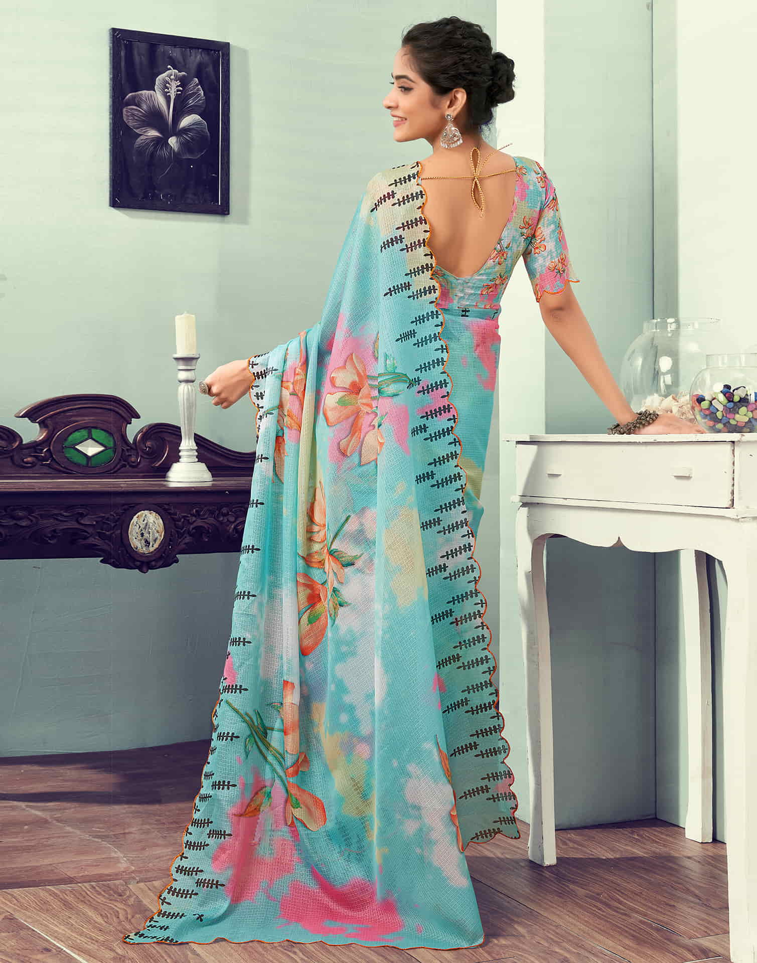 Ready To Wear Light Turquoise Printed Woven Saree