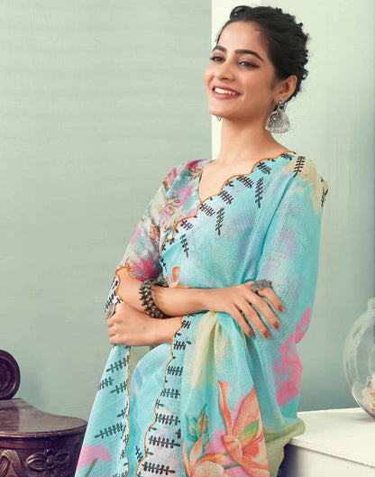 Ready To Wear Light Turquoise Printed Woven Saree