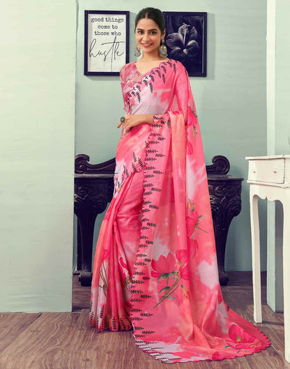 Ready To Wear Rose Pink Printed Woven Saree