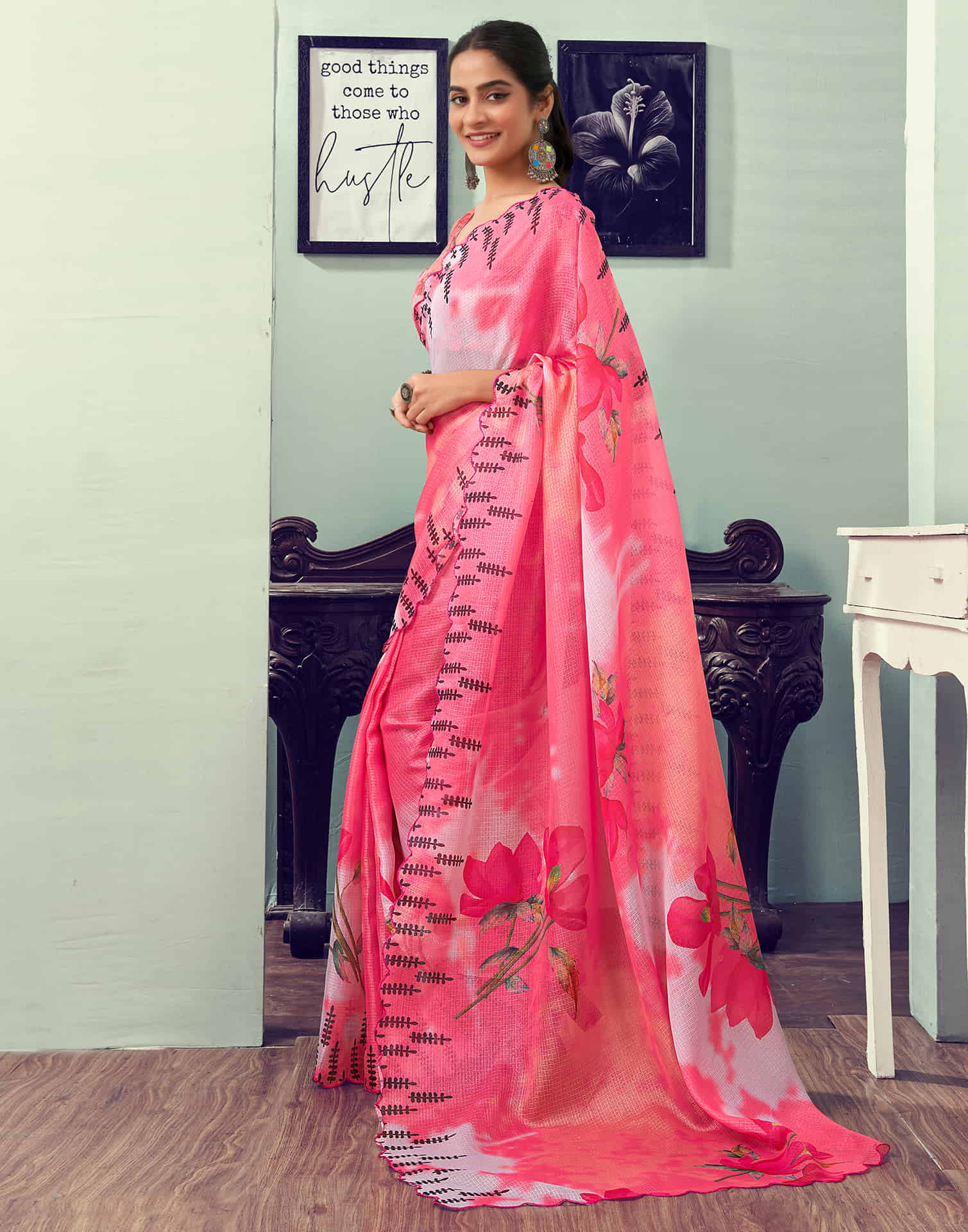 Ready To Wear Rose Pink Printed Woven Saree