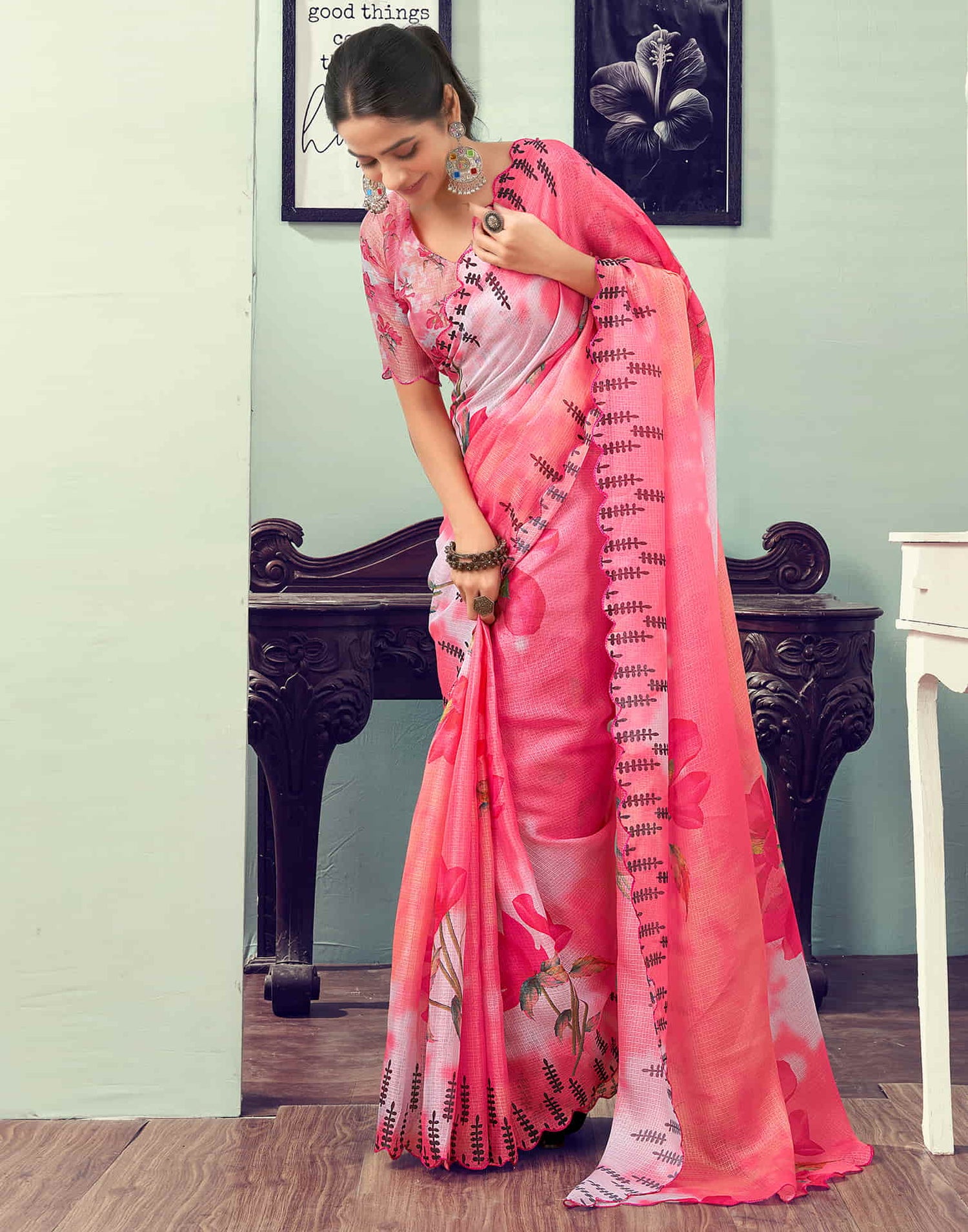 Ready To Wear Rose Pink Printed Woven Saree