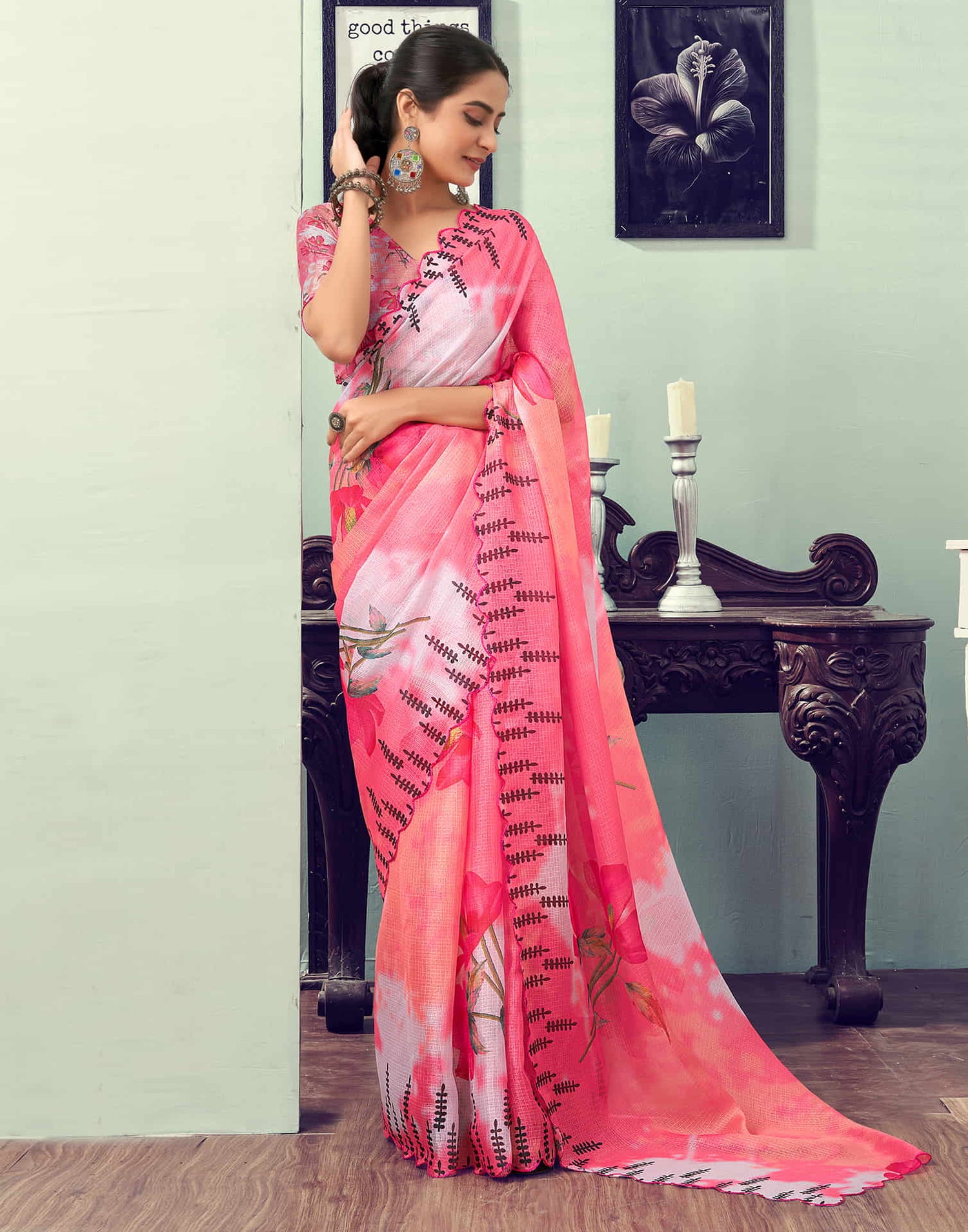 Ready To Wear Rose Pink Printed Woven Saree