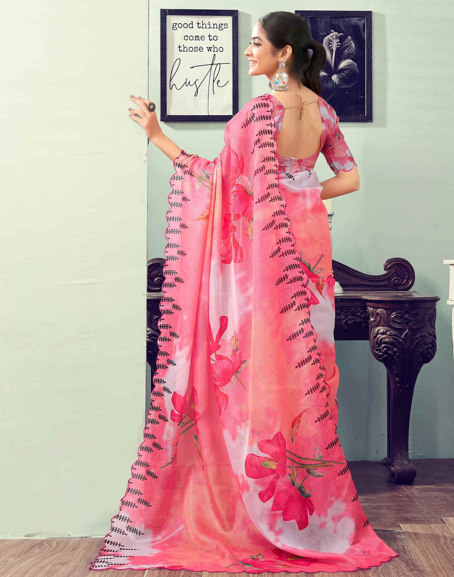 Ready To Wear Rose Pink Printed Woven Saree