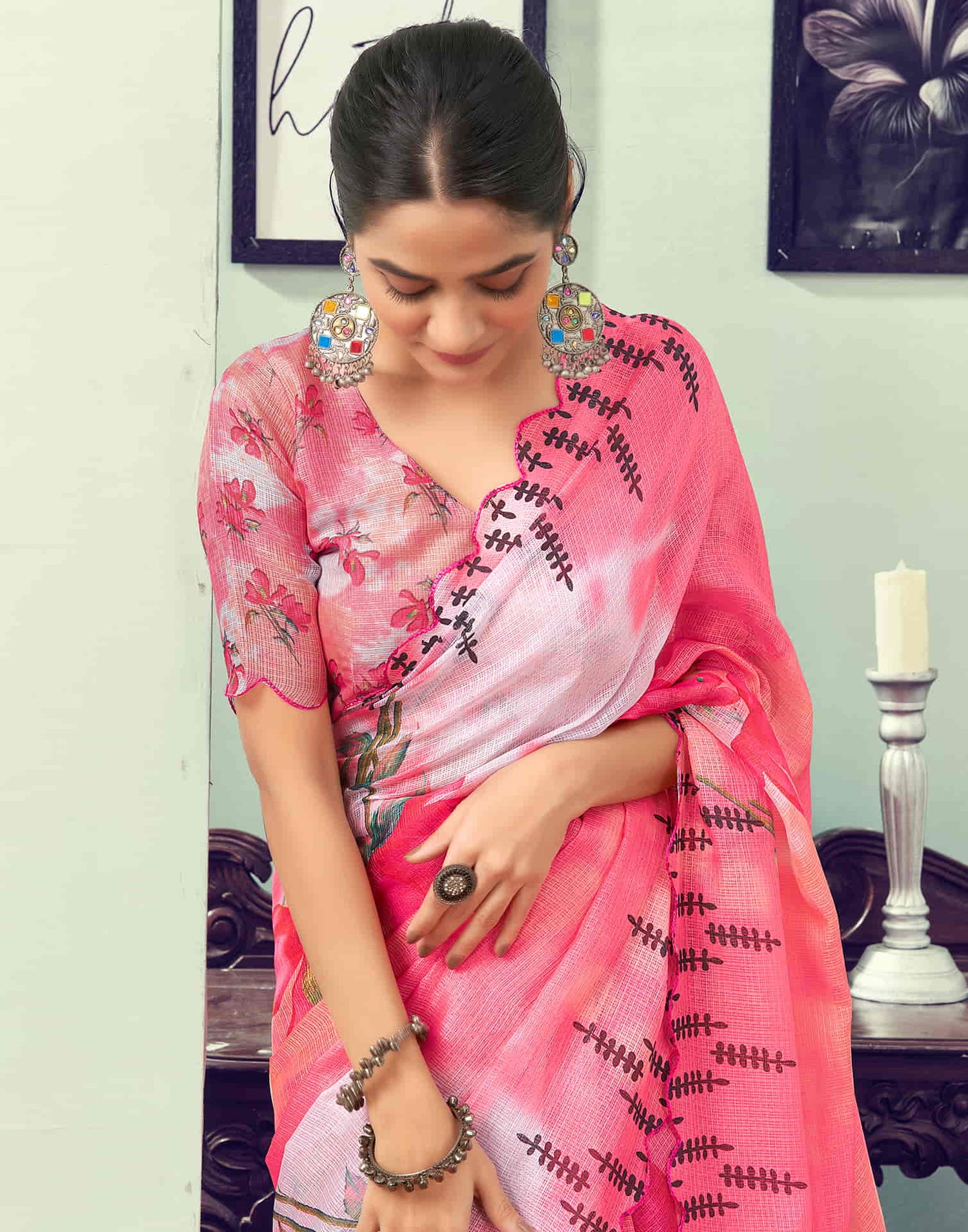 Ready To Wear Rose Pink Printed Woven Saree