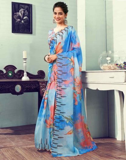 Ready To Wear Light Blue Printed Woven Saree