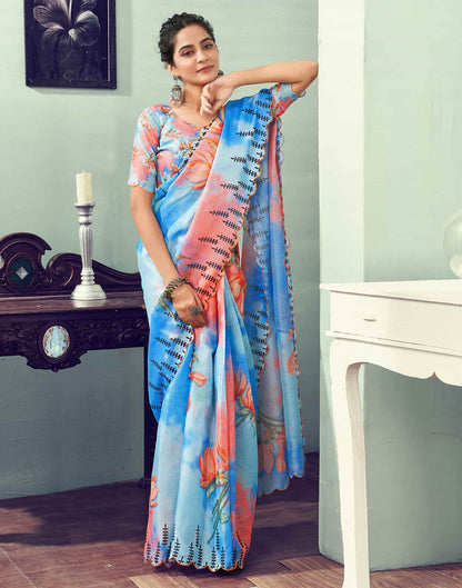 Ready To Wear Light Blue Printed Woven Saree