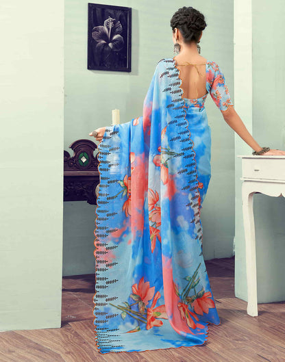 Ready To Wear Light Blue Printed Woven Saree