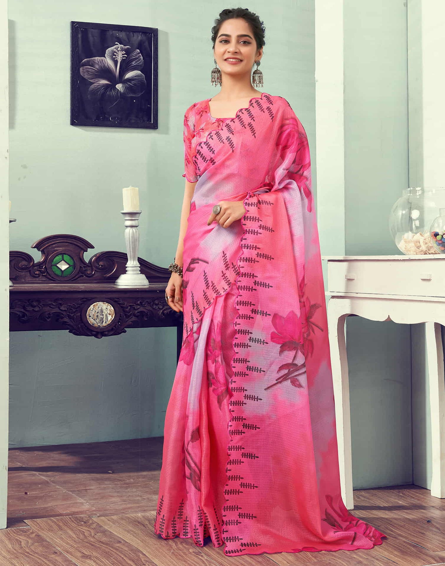 Ready To Wear Pink Printed Satin Saree