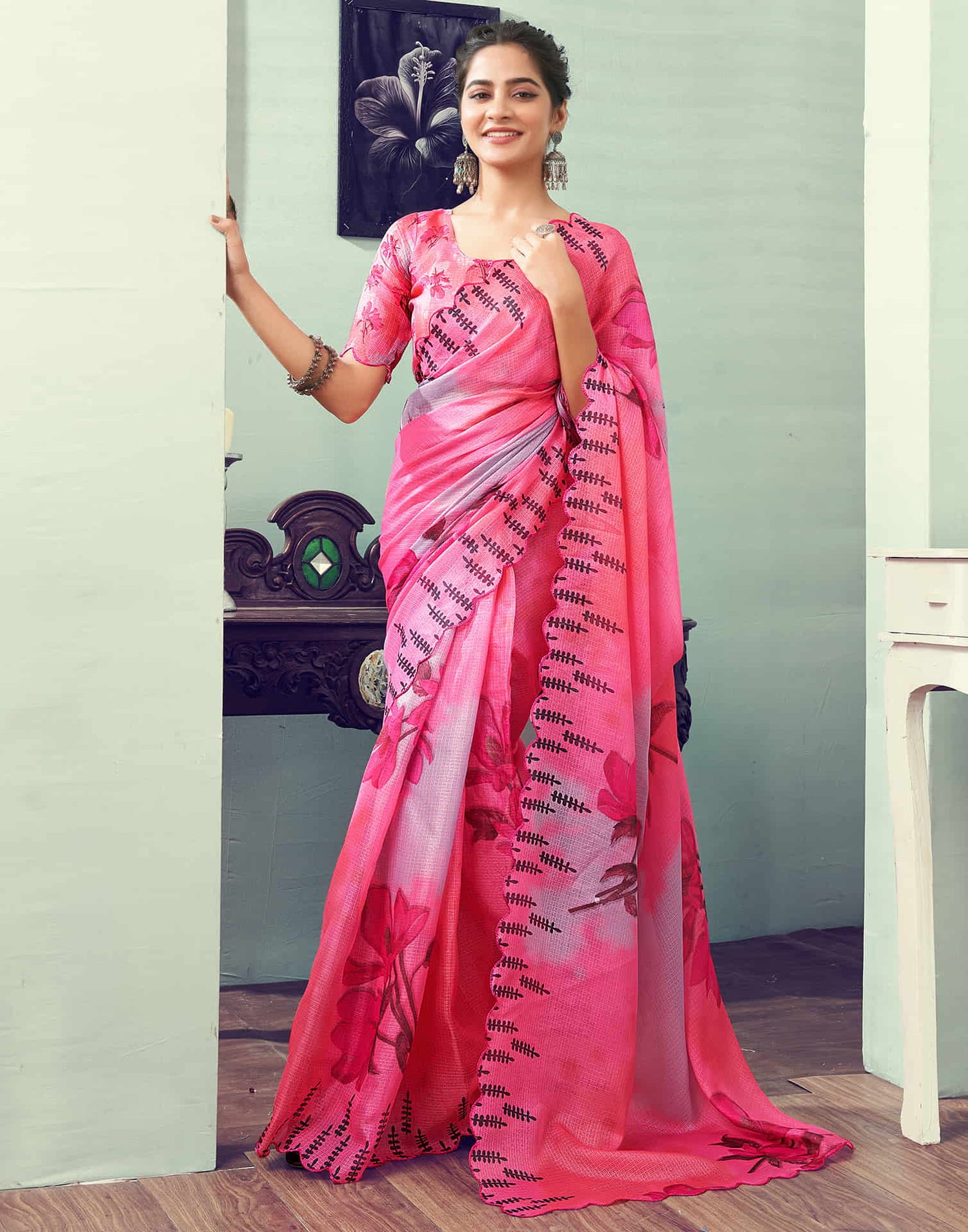 Ready To Wear Pink Printed Satin Saree