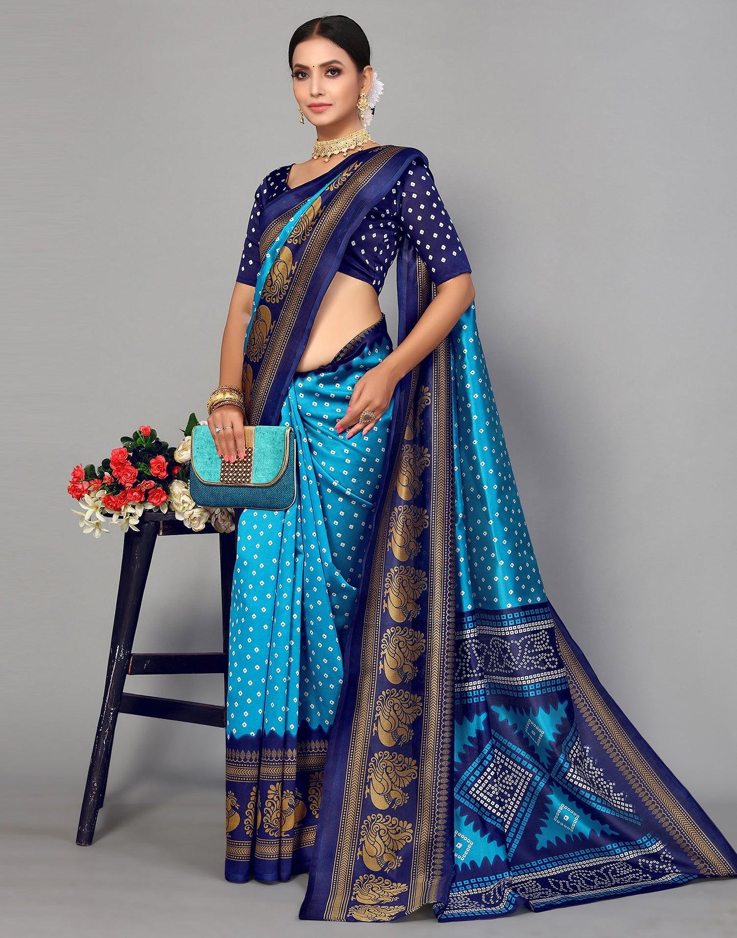 Sky Blue Silk Printed Saree | Sudathi