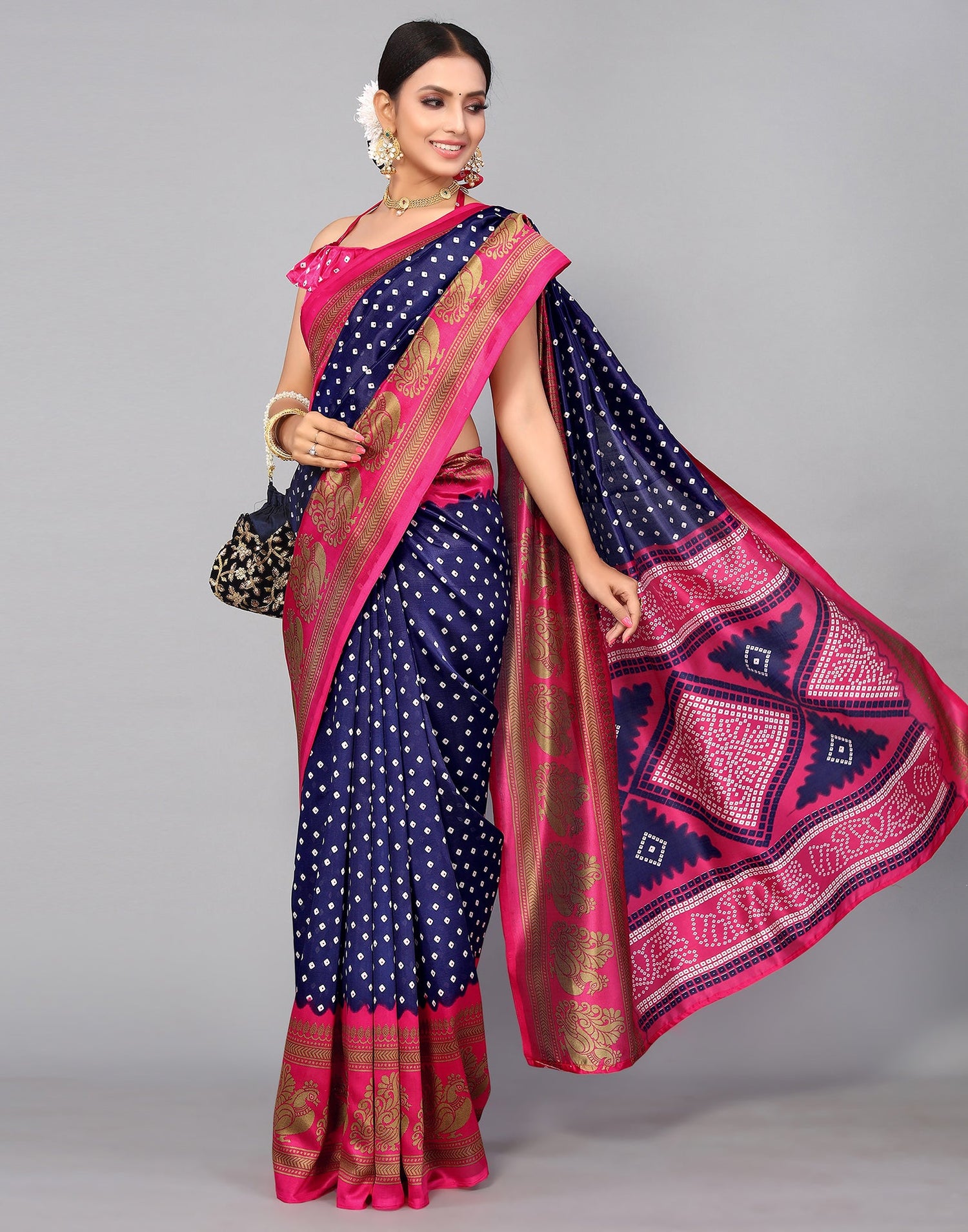 Navy Blue Silk Printed Saree | Sudathi