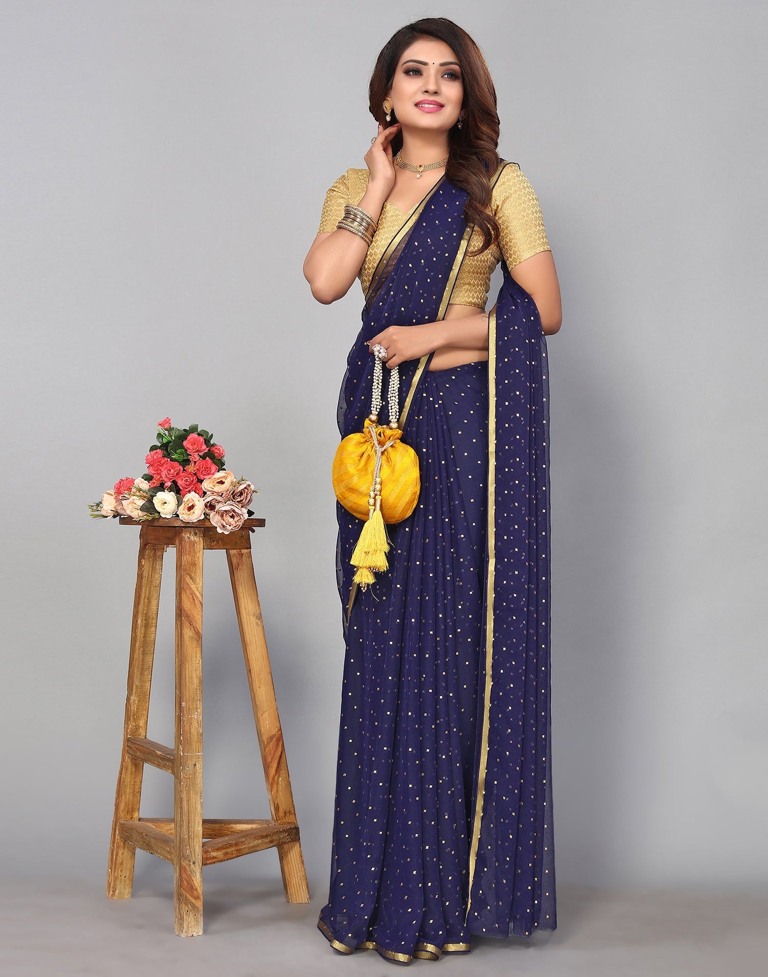 Navy Blue Chiffon Plain Saree | Sudathi