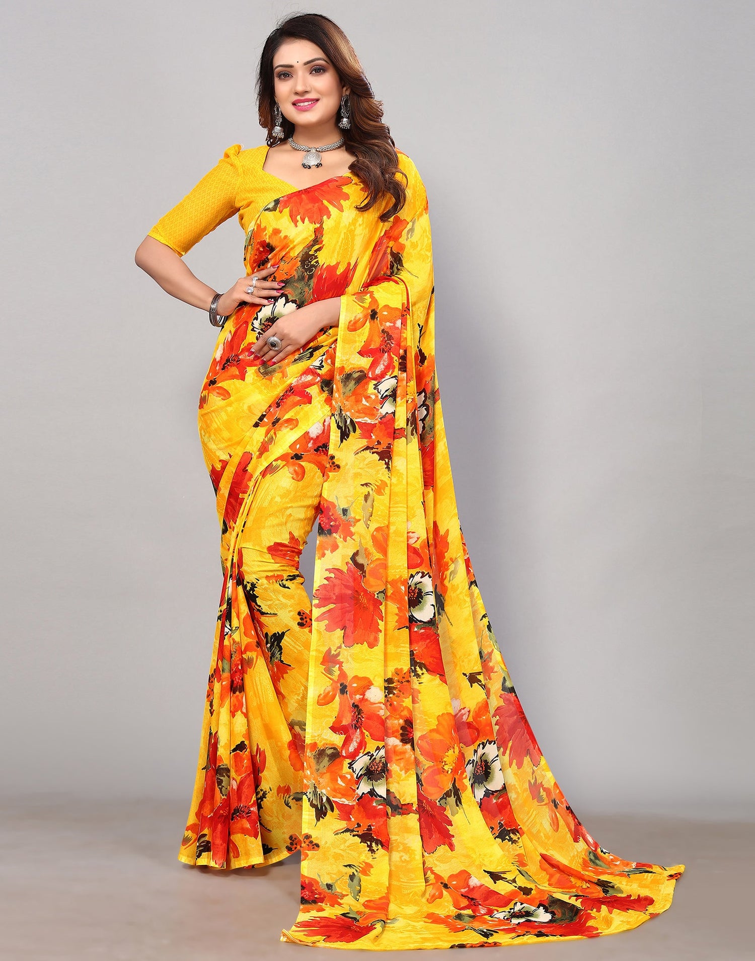 Yellow Georgette Printed Saree | Sudathi