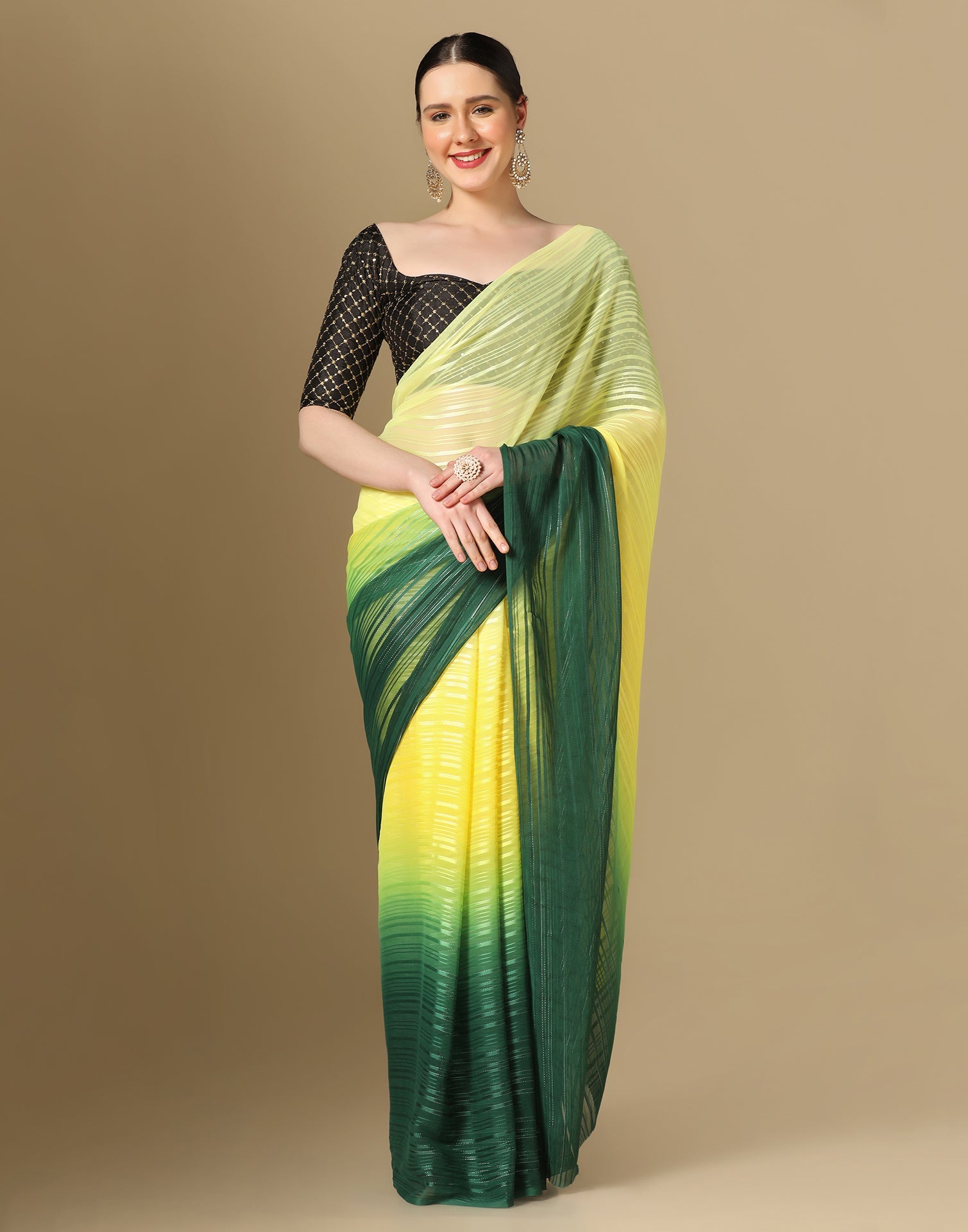 Yellow And Green Georgette Jari Stripes Saree | Sudathi