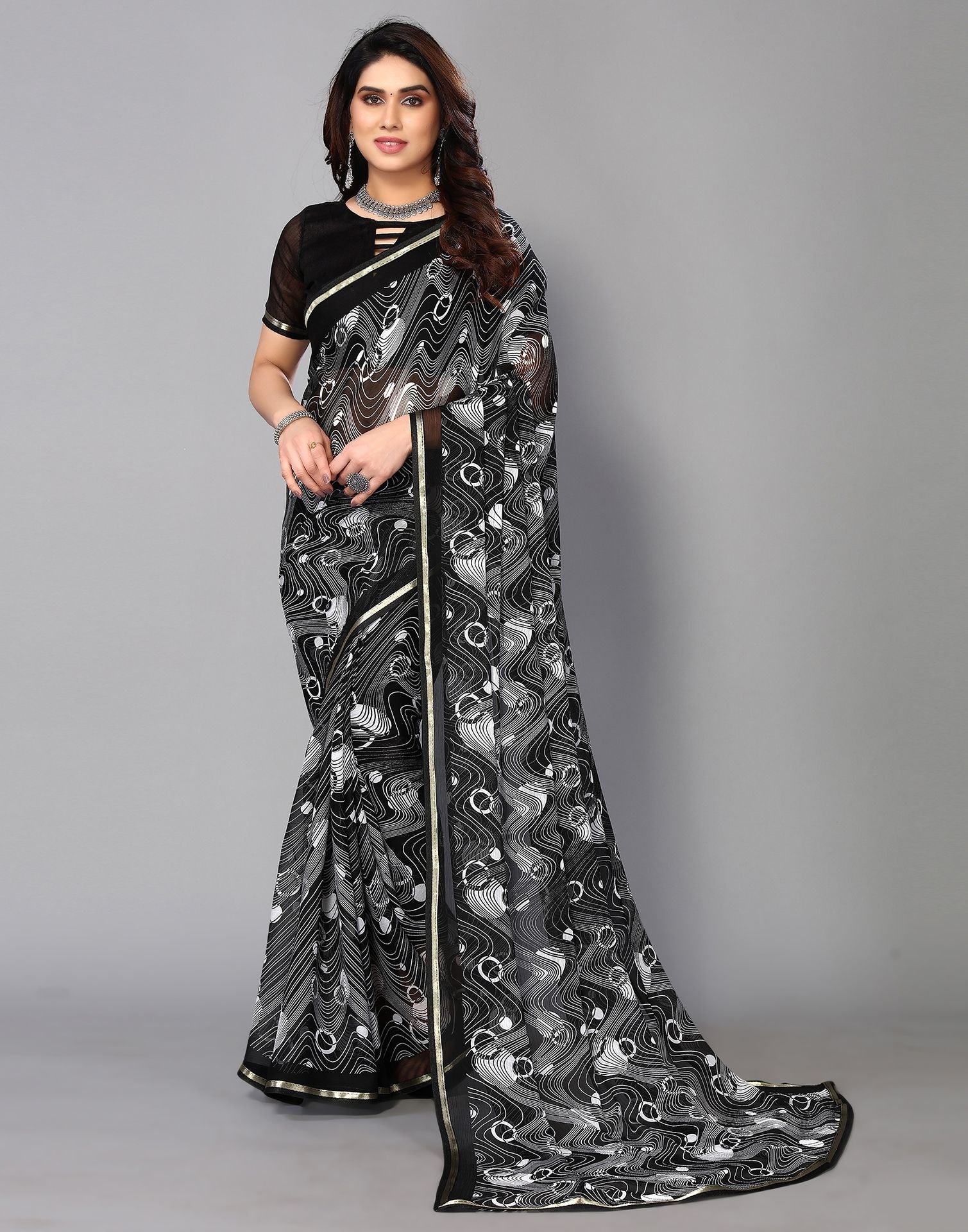Black Chiffon Printed Saree | Sudathi