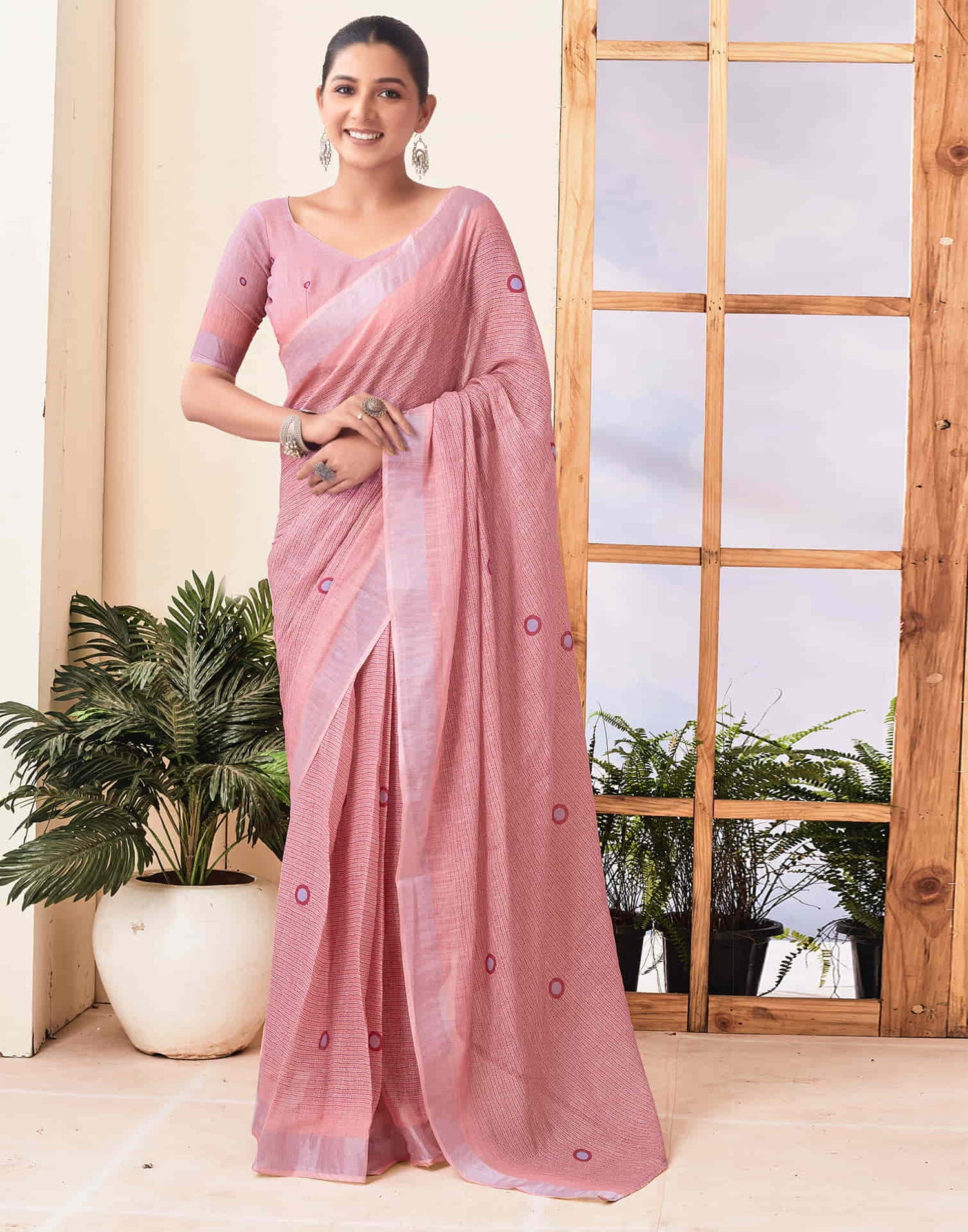 Ready To Wear Light Pink Zari Printed Cotton Saree