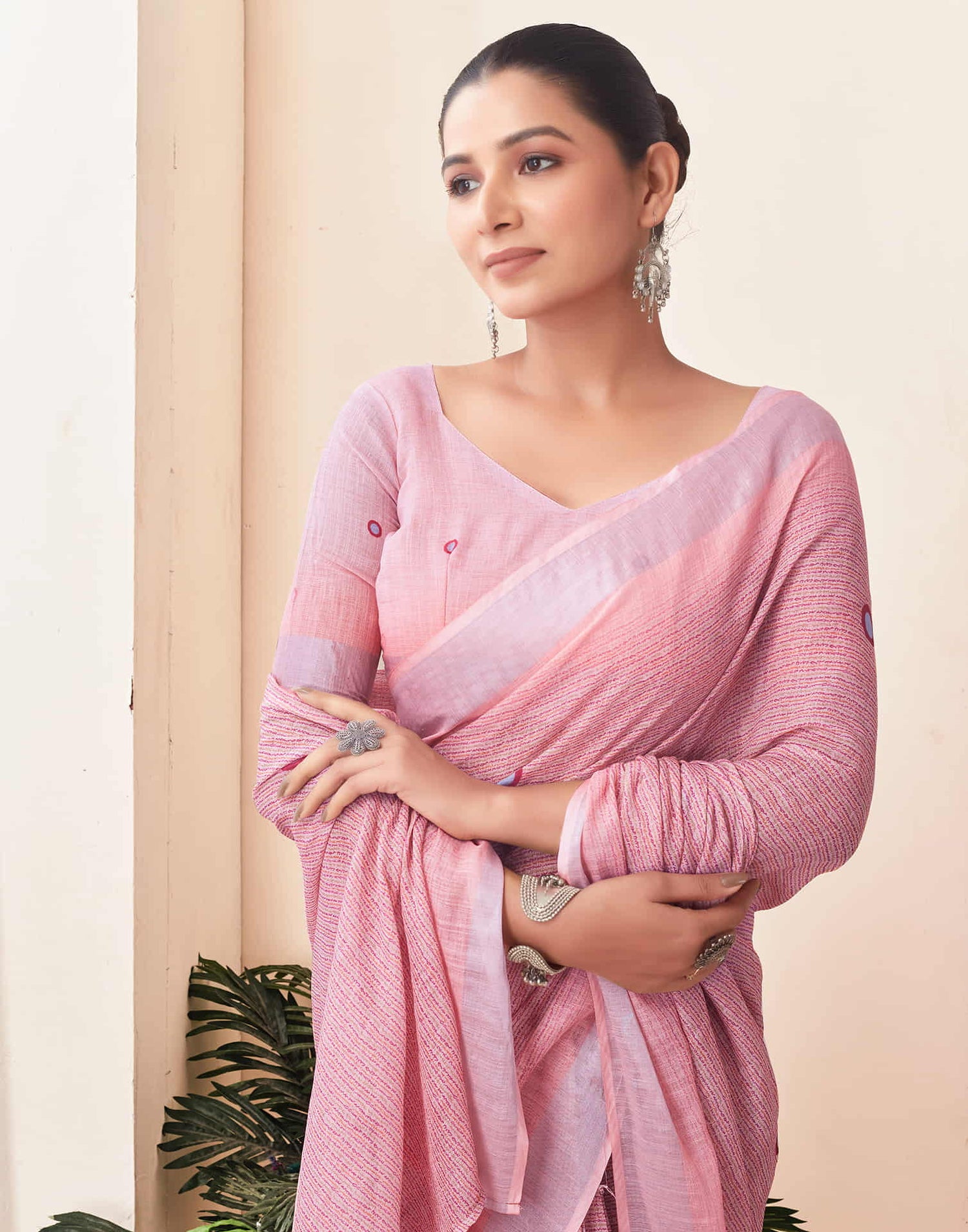 Ready To Wear Light Pink Zari Printed Cotton Saree