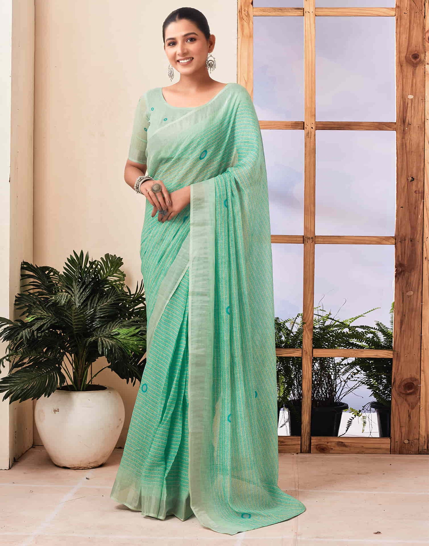 Ready To Wear Pista Green Zari Printed Cotton Saree