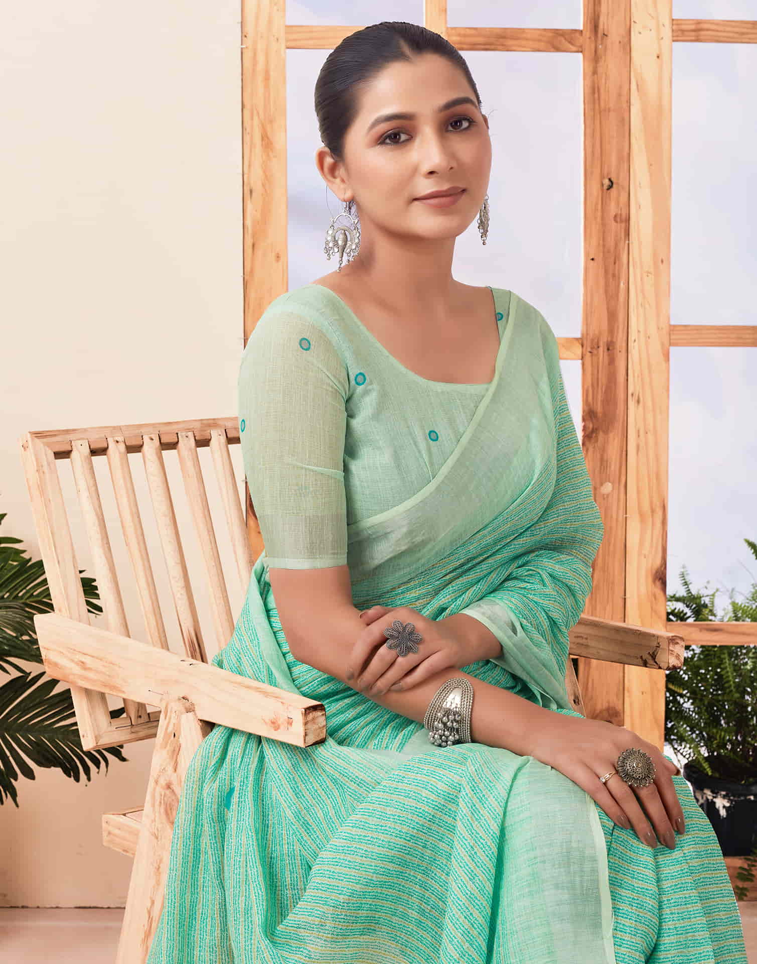 Ready To Wear Pista Green Zari Printed Cotton Saree