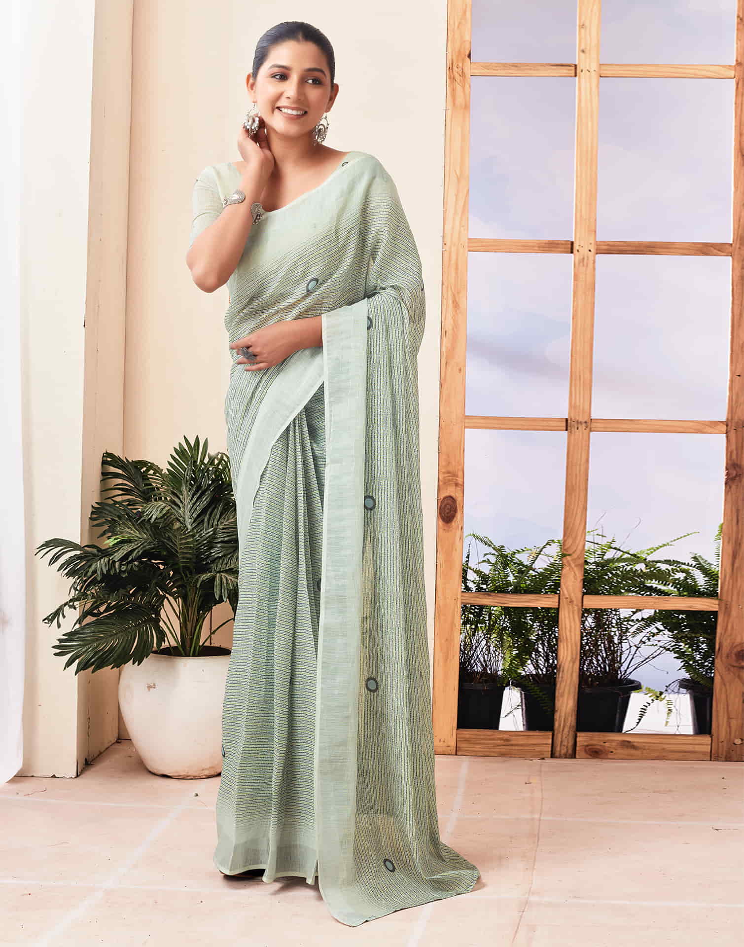 Ready To Wear Tea Green Zari Printed Cotton Saree