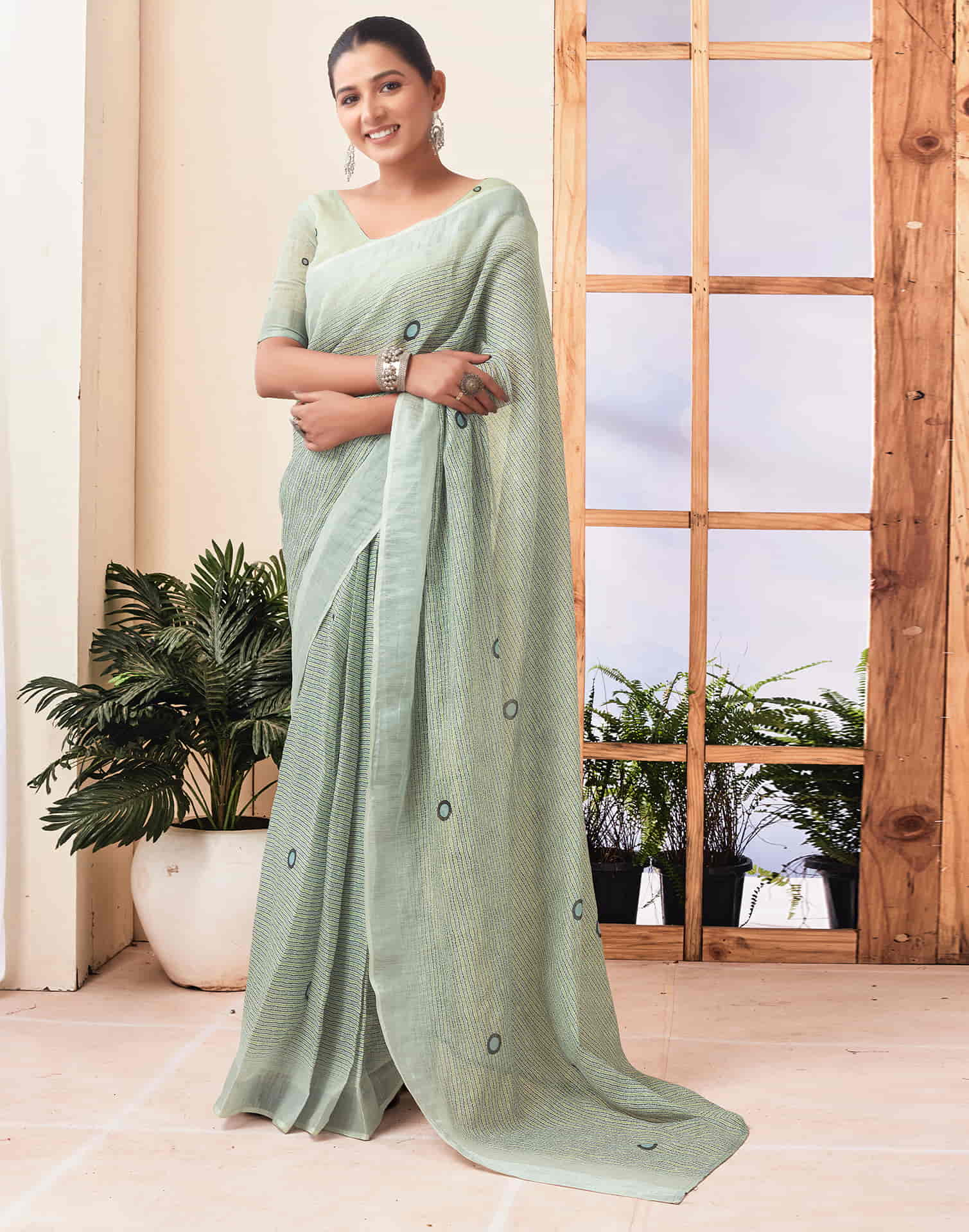 Ready To Wear Tea Green Zari Printed Cotton Saree