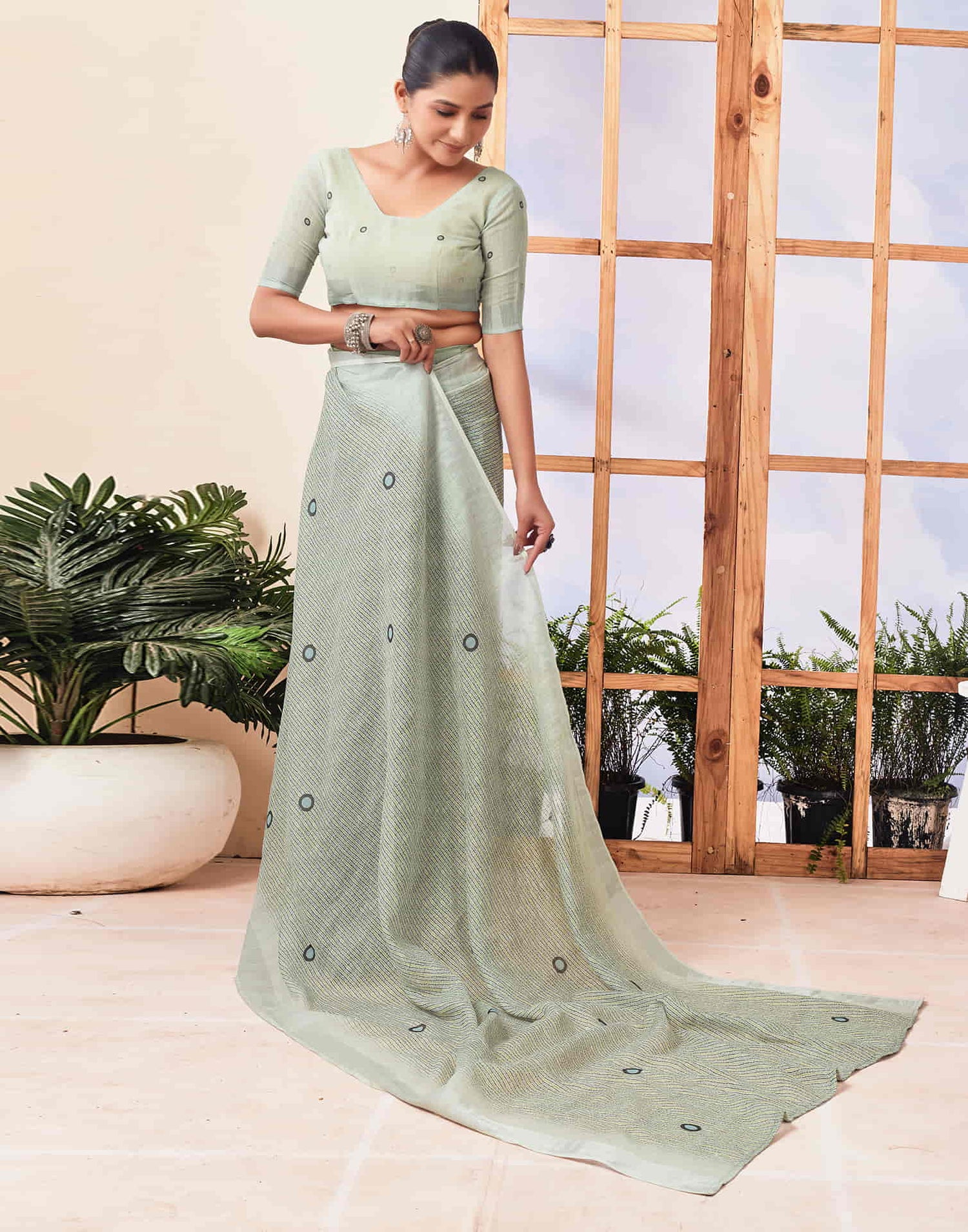 Ready To Wear Tea Green Zari Printed Cotton Saree