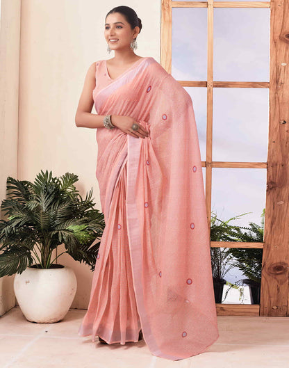 Ready To Wear Peach Zari Printed Cotton Saree