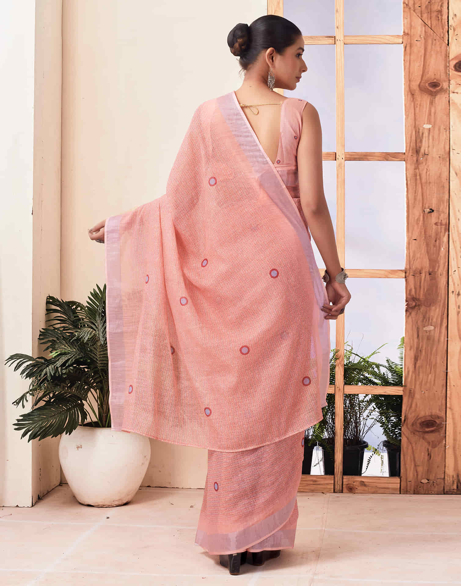 Ready To Wear Peach Zari Printed Cotton Saree