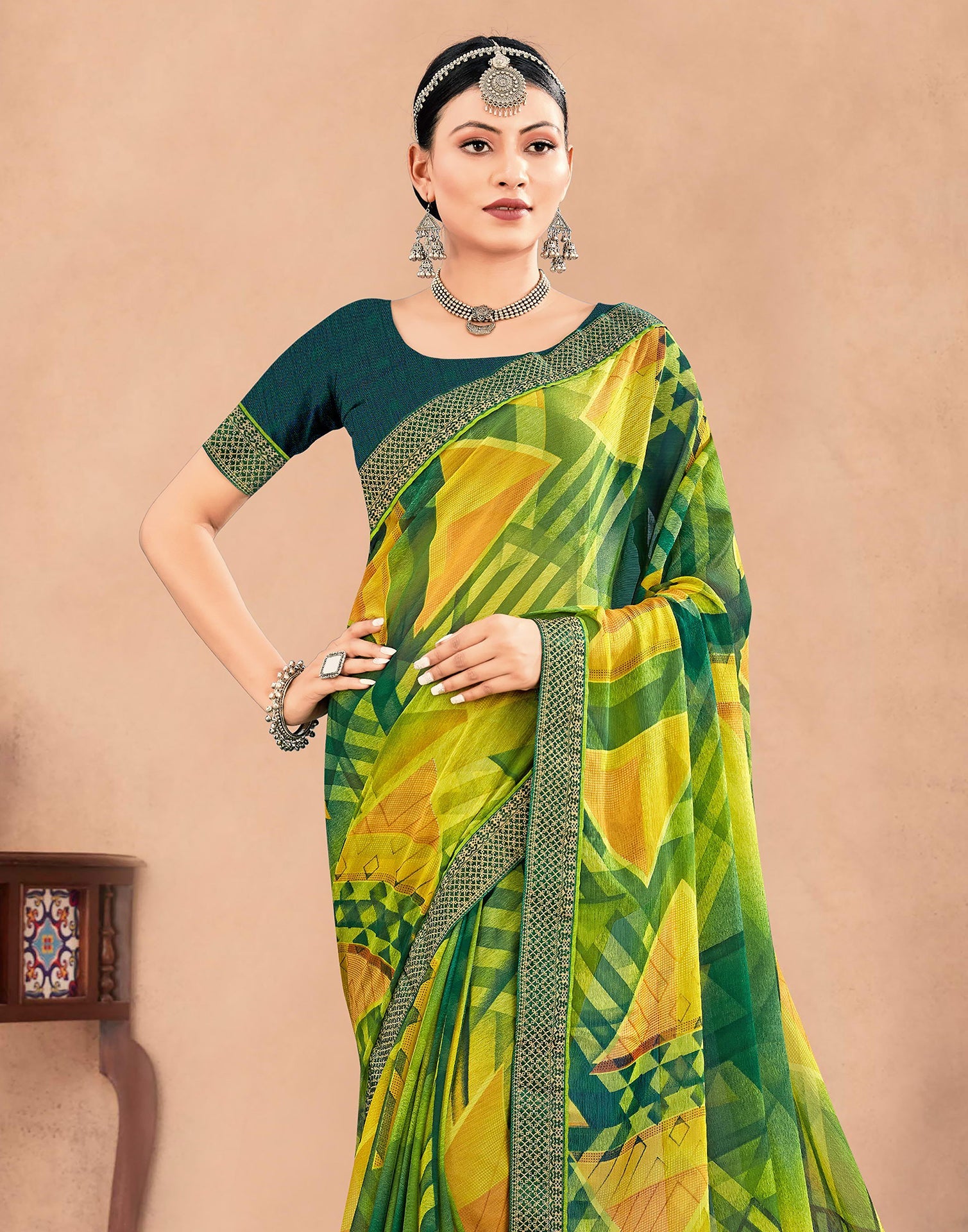 Green Chiffon Printed Saree | Sudathi