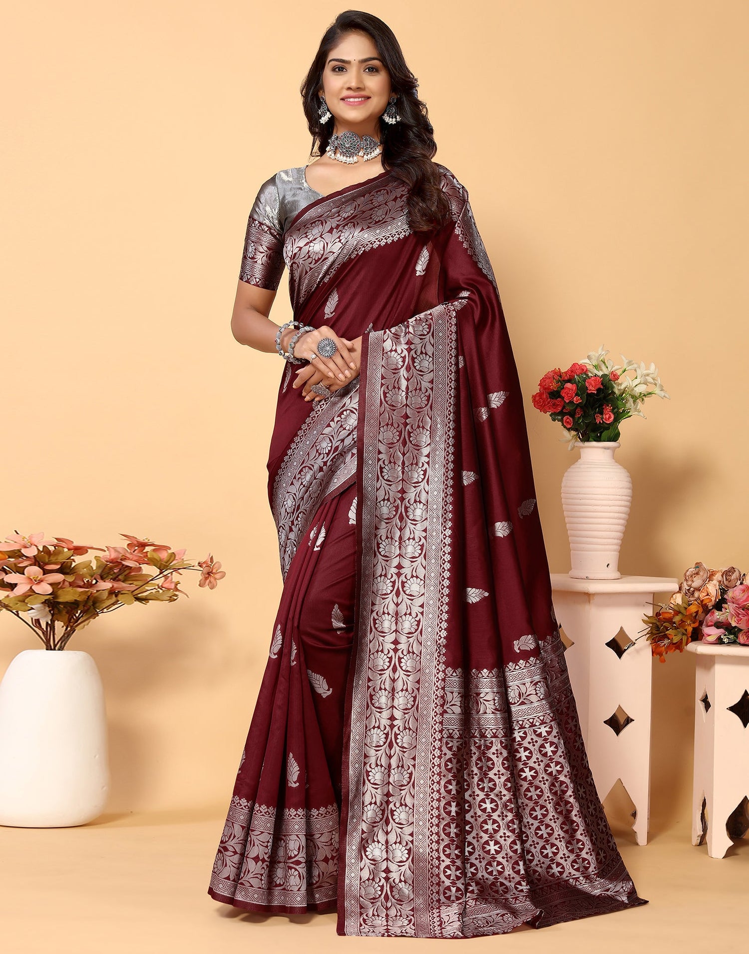 Maroon Banarasi Silk Saree | Sudathi