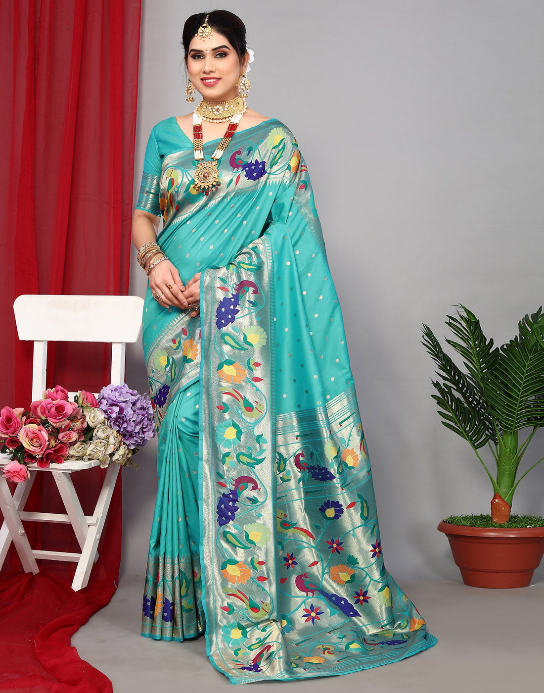 Turquoise Paithani Silk Saree | Leemboodi