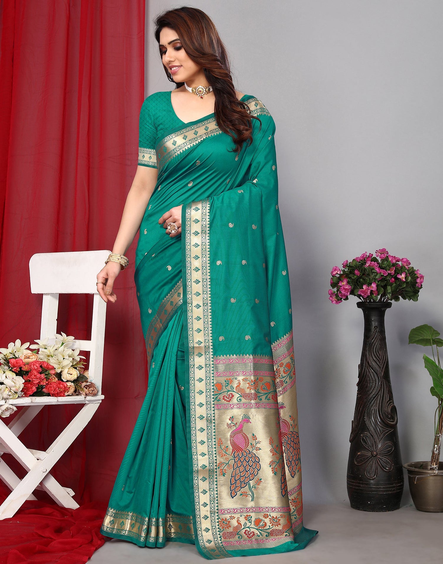 Rama Green Paithani Silk Saree With Zari Weaving Work | Leemboodi