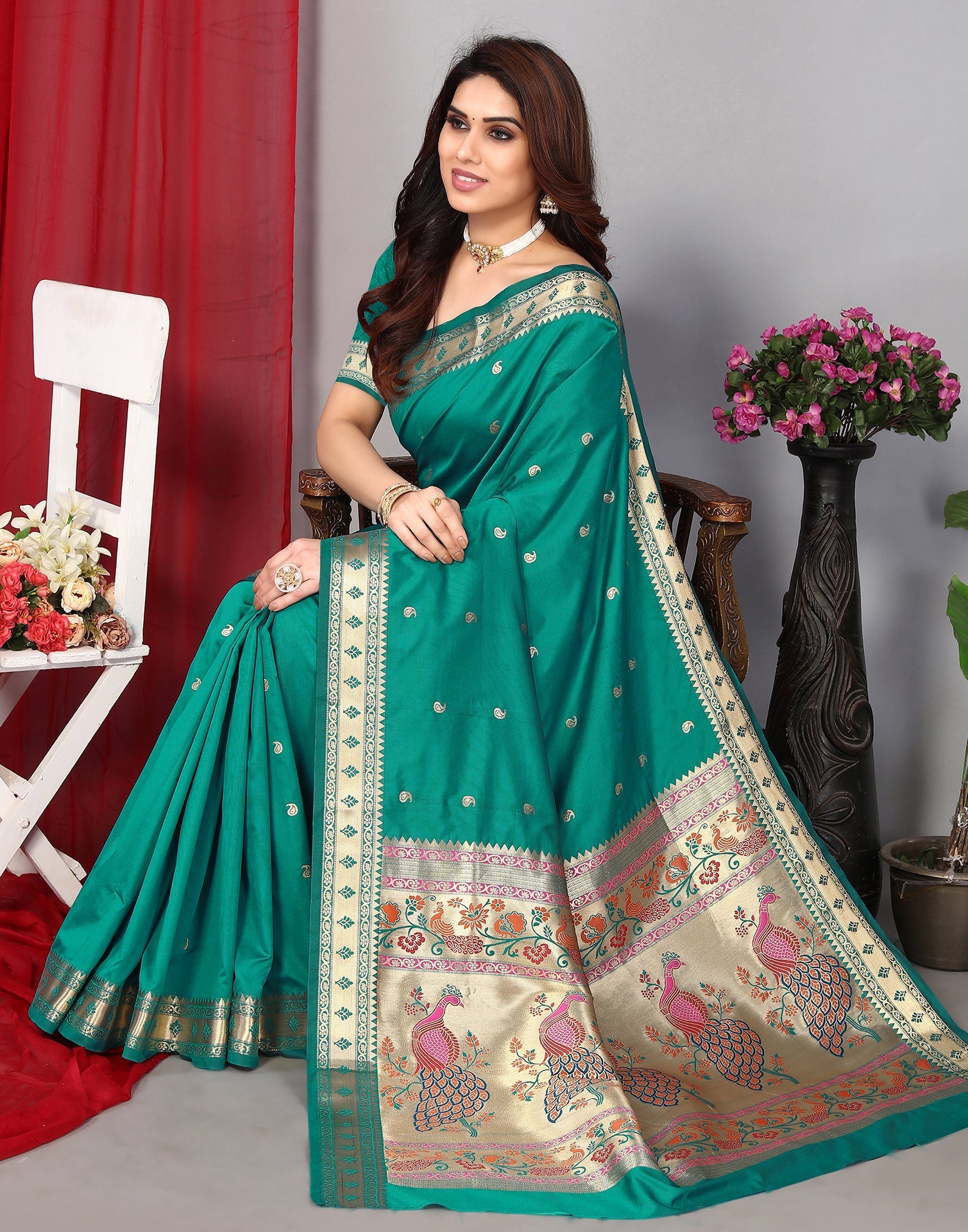 Rama Green Paithani Silk Saree With Zari Weaving Work | Leemboodi