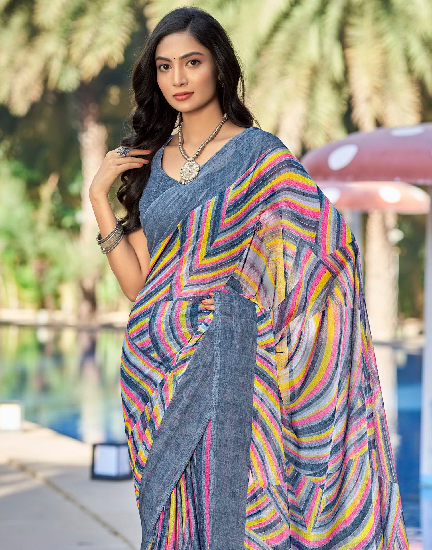 Grey Printed Chiffon Saree | Sudathi