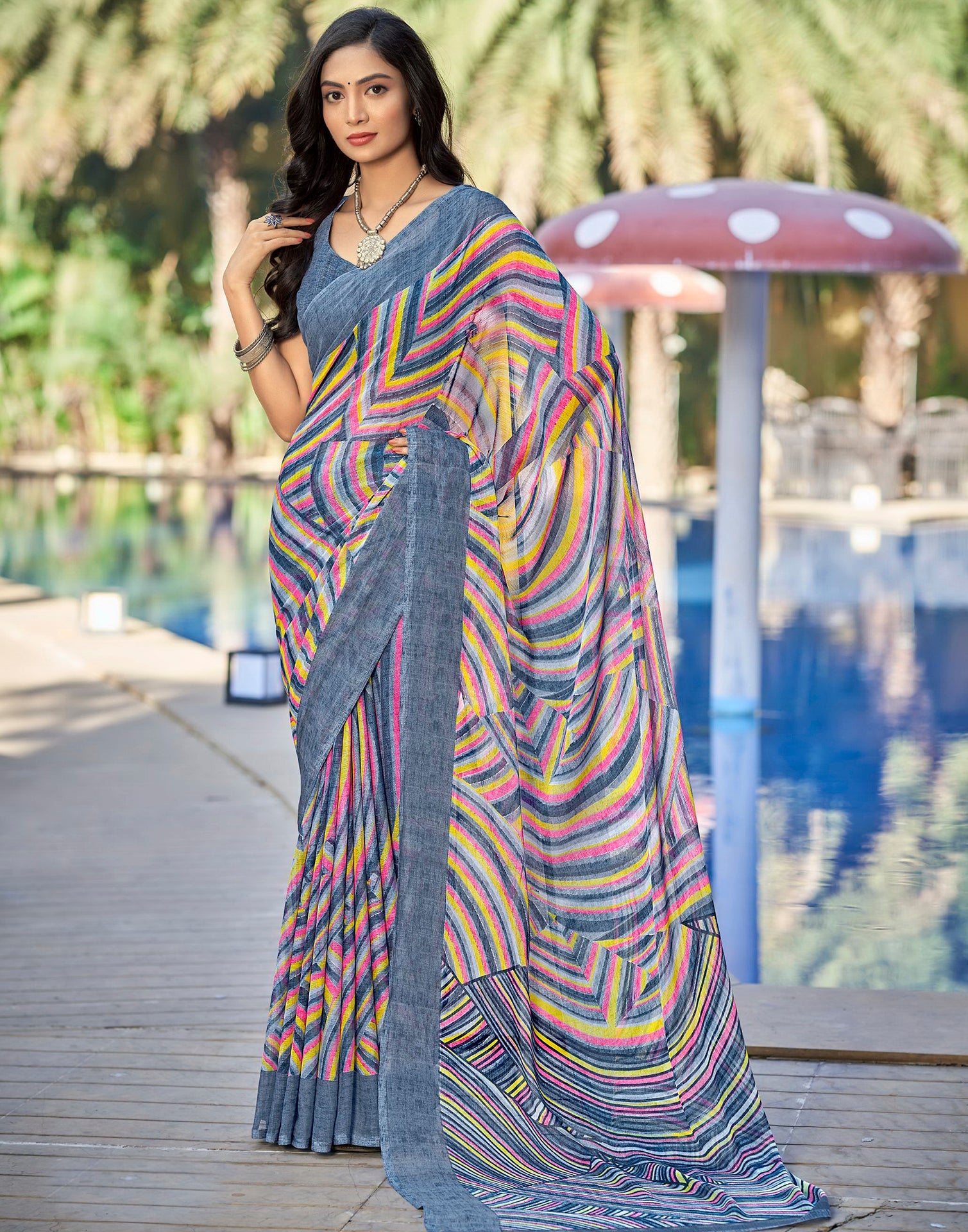 Grey Printed Chiffon Saree | Sudathi