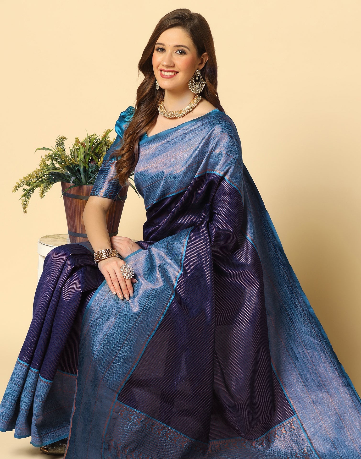 Navy Blue Self Woven Silk Saree | Sudathi