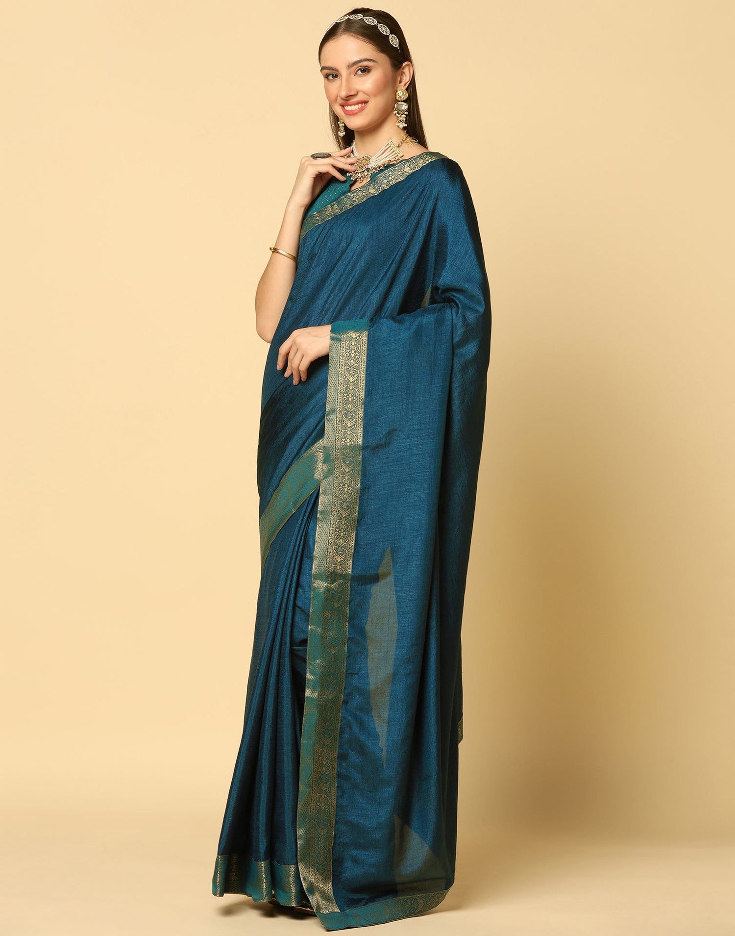 Dark Teal Blue Plain Silk Saree | Sudathi