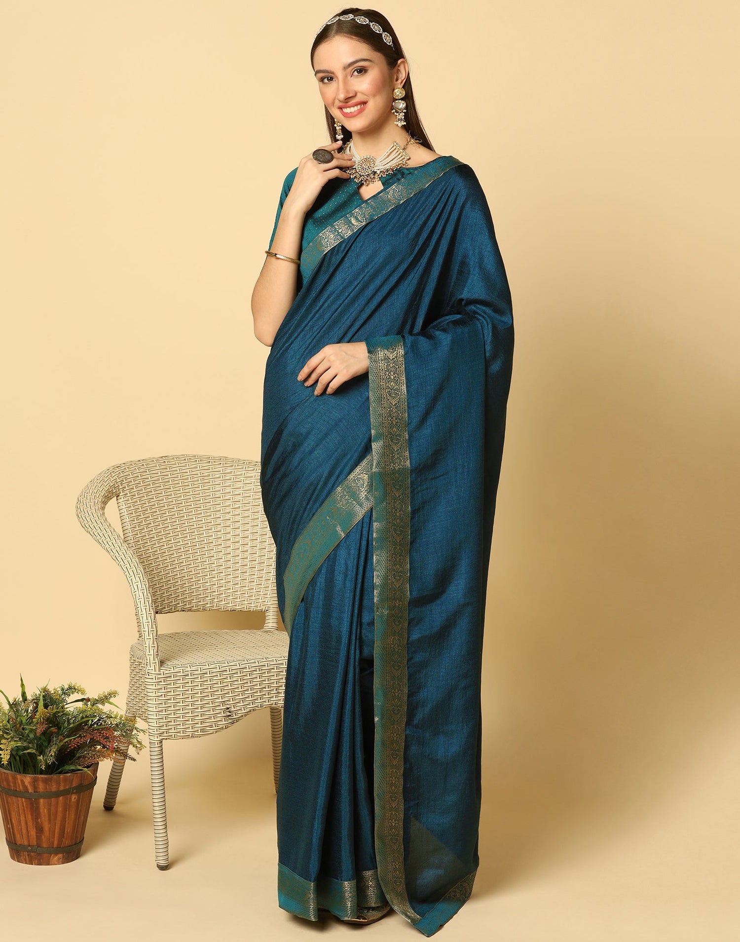 Dark Teal Blue Plain Silk Saree | Sudathi